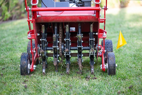 Red grass lawn aerator